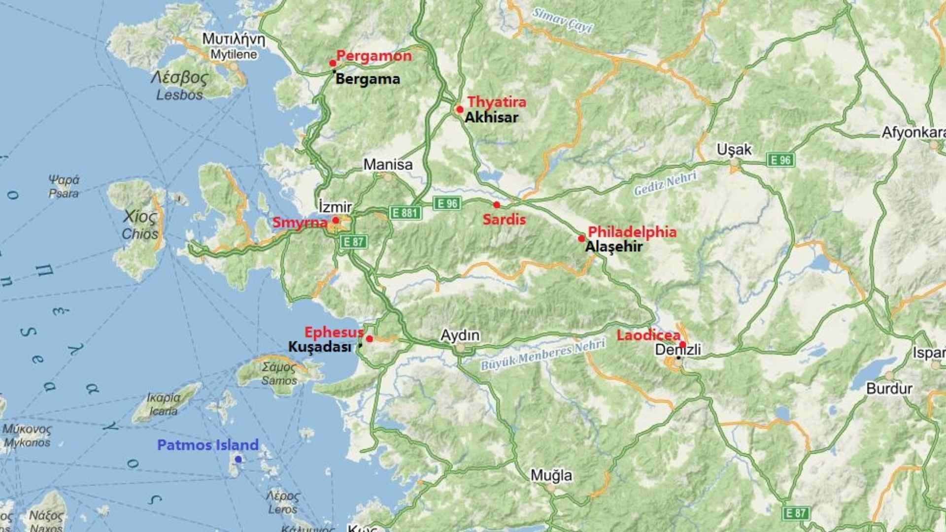 Patmos Island and the Seven Churches on the map