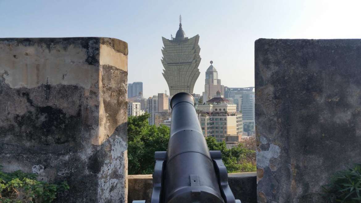 The cannon pointing to Grand Lisboa from Monte Fortress, Macau