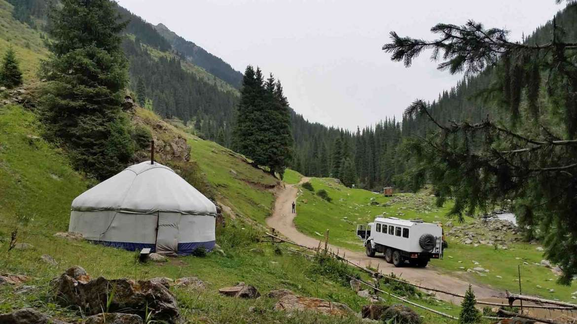 A truck-bus on the road to Altyn Arashan, Kyrgyzstan, Tianshan