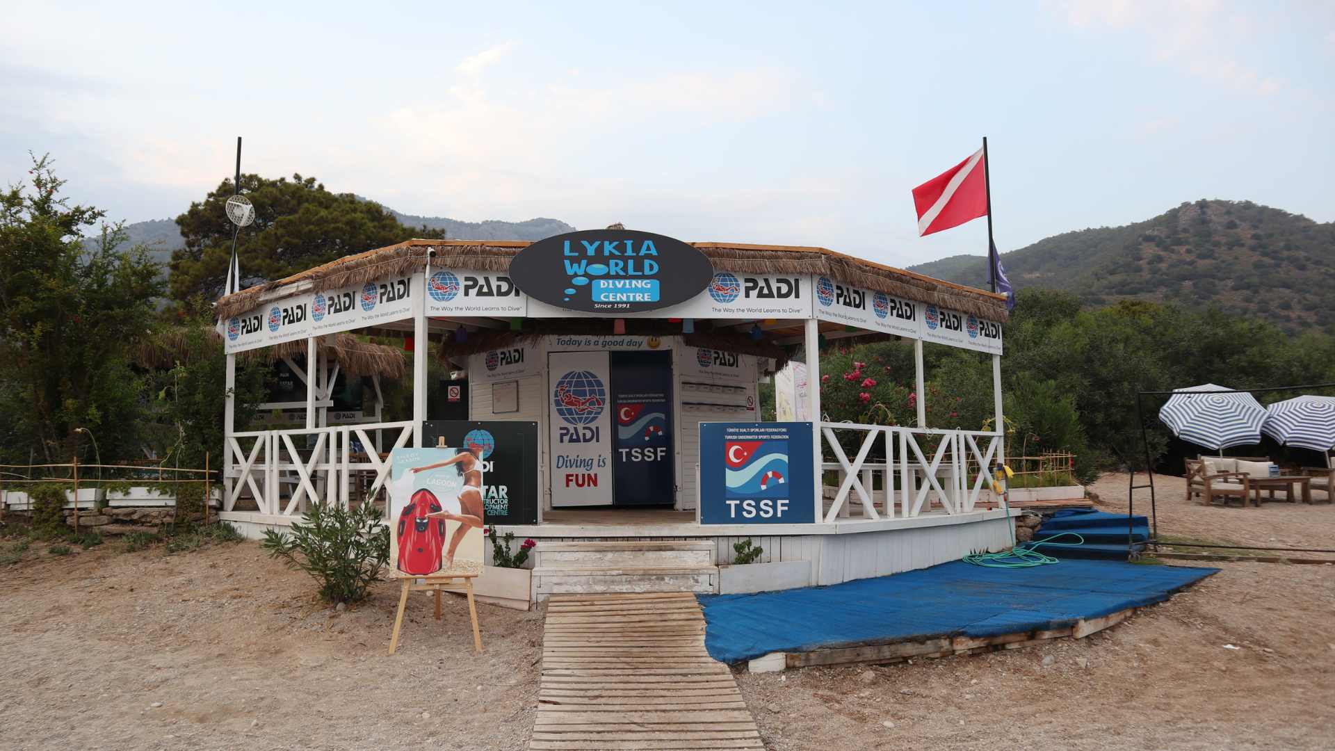 Lycia World PADI Scuba Diving center on the beach of the Blue Lagoon